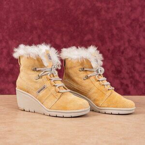 CAT Women Harper Wheat Suede Faux Fur Cuff Lace-up Wedge Lug Boots sz 7.5